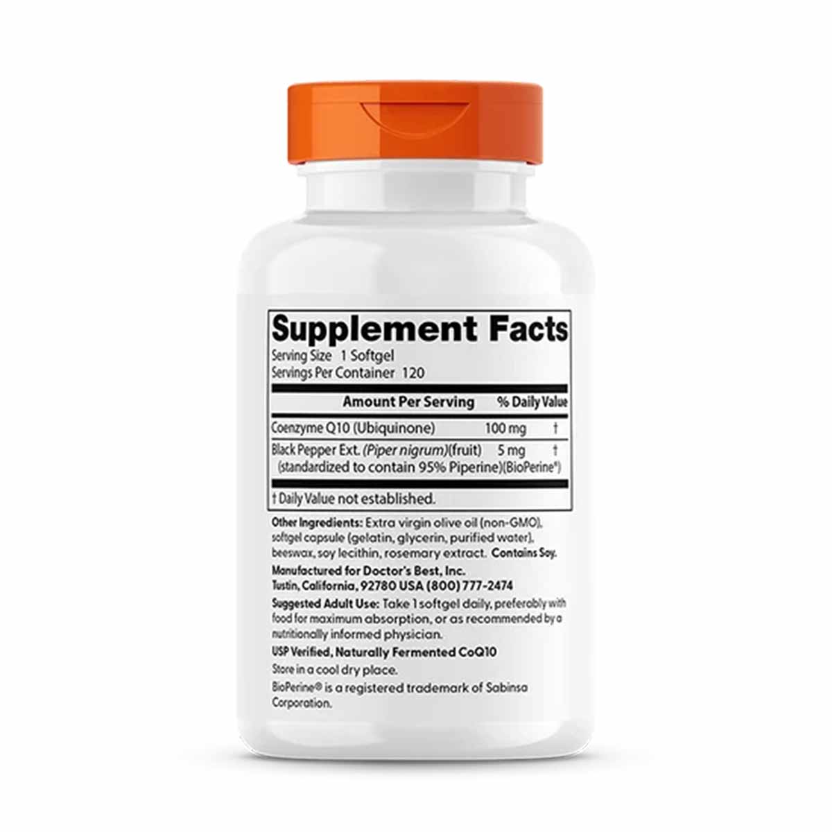 White bottle with orange cap containing CoQ10 softgel capsules, displaying supplement facts label on front.