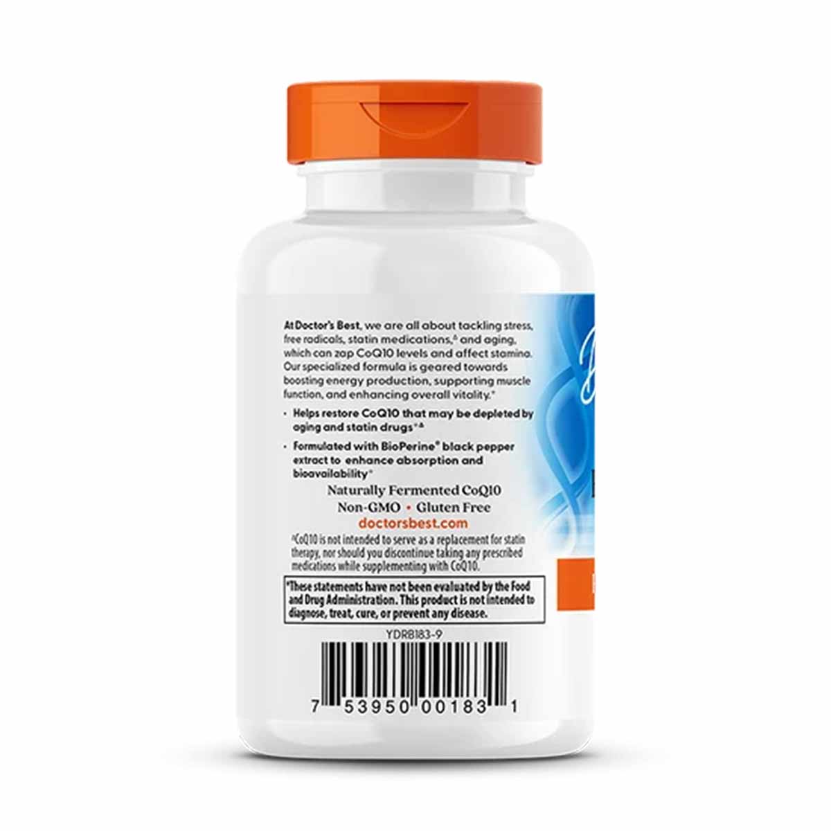 White bottle with orange cap containing CoQ10 supplement capsules, labeled with product information and barcode.