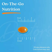 Orange oval softgel capsule shown against blue background with metric and imperial size reference rulers.