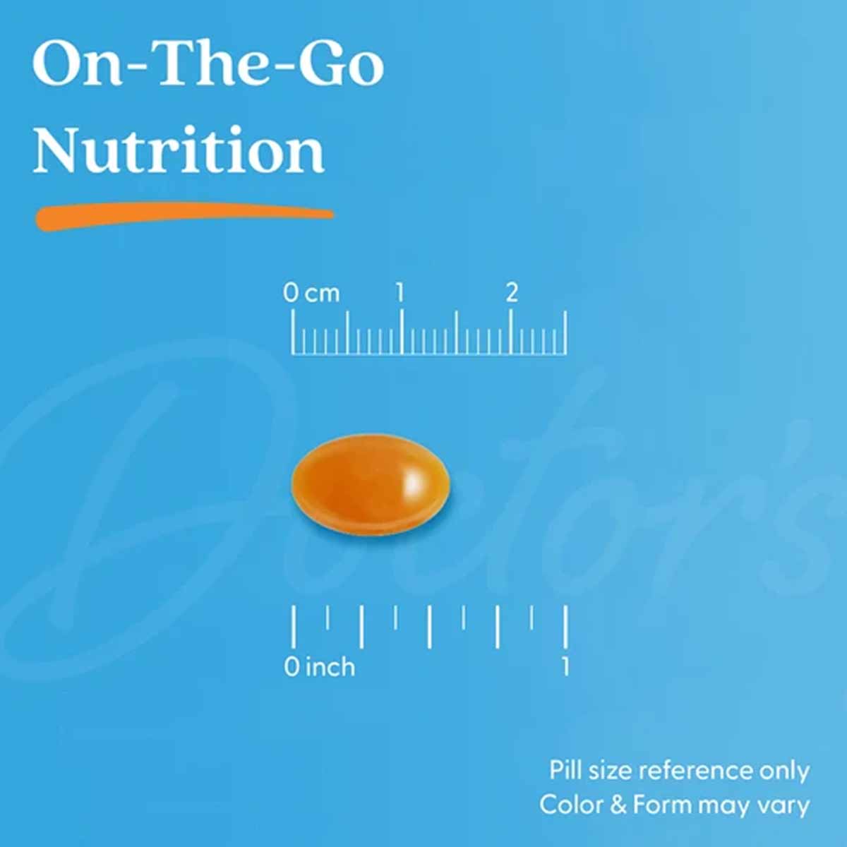 Orange oval softgel capsule shown against blue background with metric and imperial size reference rulers.