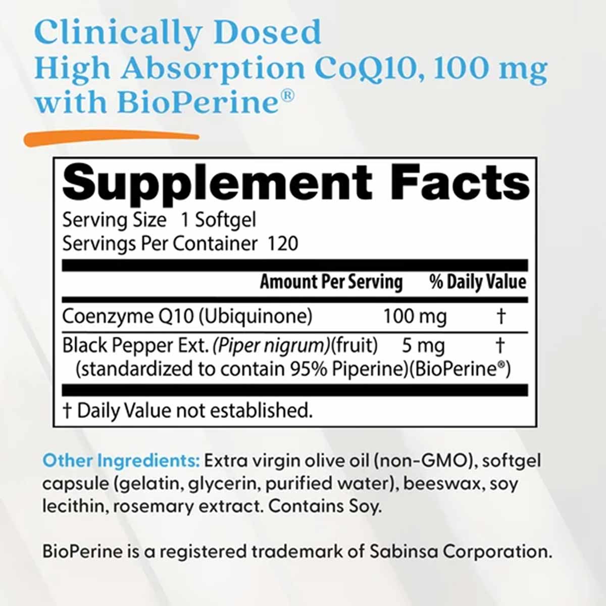 Doctors Best CoQ10 supplement label showing 100 mg dosage with BioPerine and supplement facts panel.