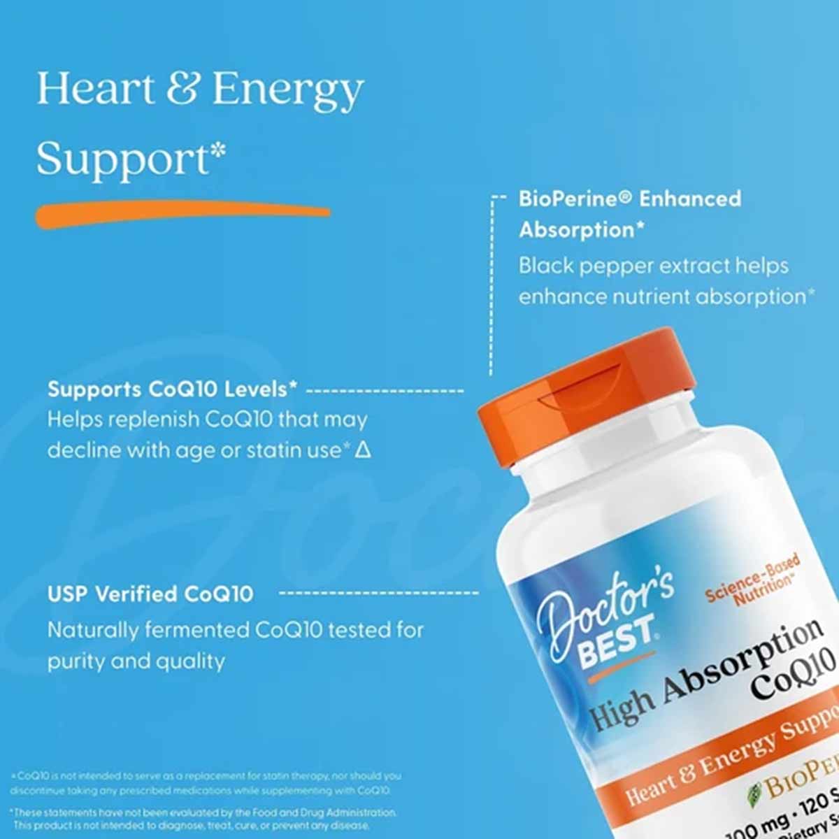 Doctor's Best High Absorption CoQ10 bottle with orange cap on blue background displaying product information.