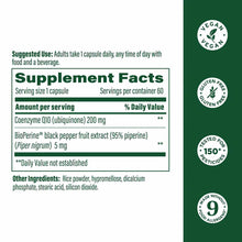 Megafood CoQ10 supplement facts label showing 200mg coenzyme Q10 per capsule with vegan and gluten-free certifications.