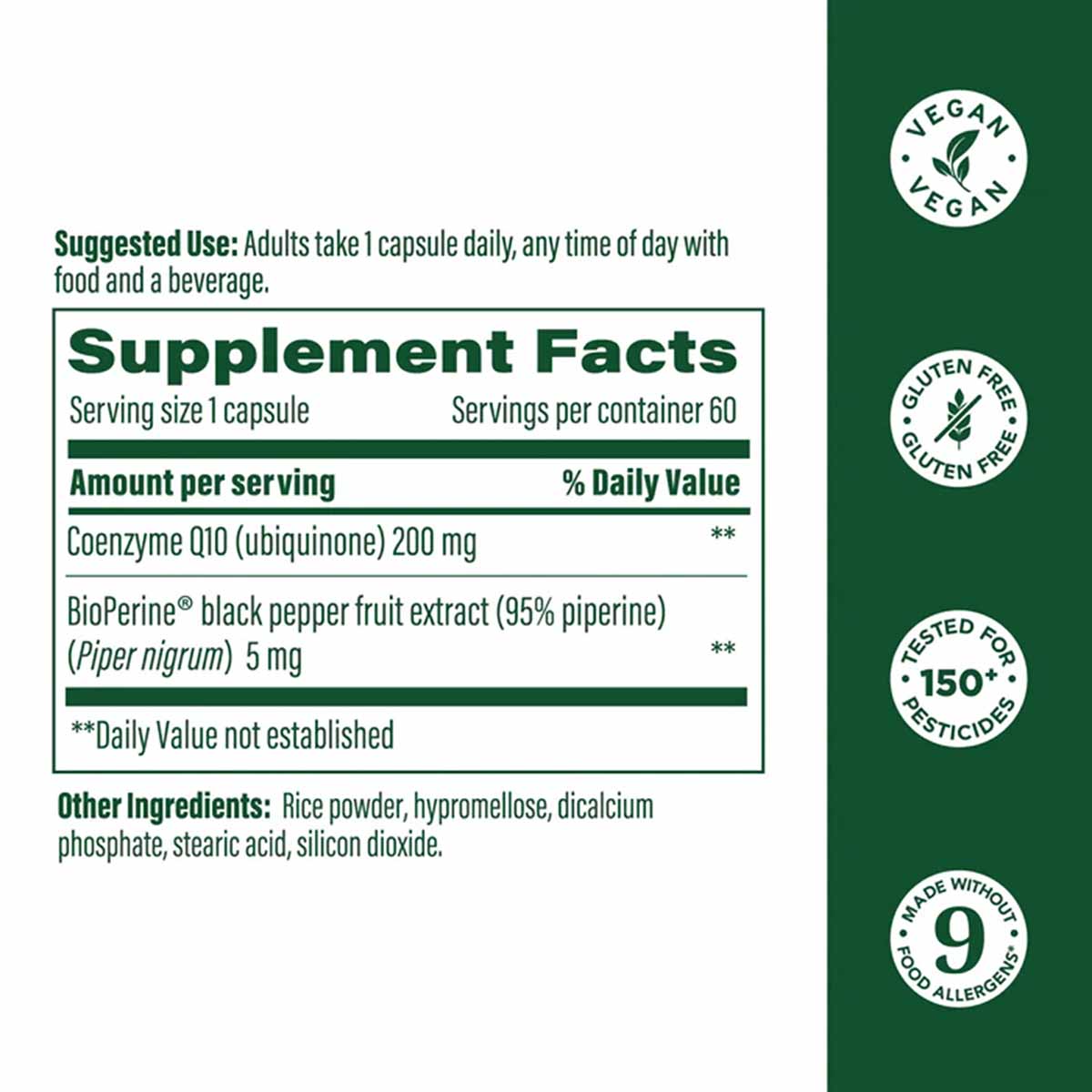 Megafood CoQ10 supplement facts label showing 200mg coenzyme Q10 per capsule with vegan and gluten-free certifications.