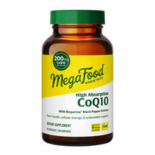 Amber glass bottle with green cap containing CoQ10 supplement capsules, 200mg per serving, 60 servings.