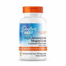 Doctor's Best magnesium lysinate glycinate supplement bottle with orange cap, white label, and blue gradient design, 120 vegg