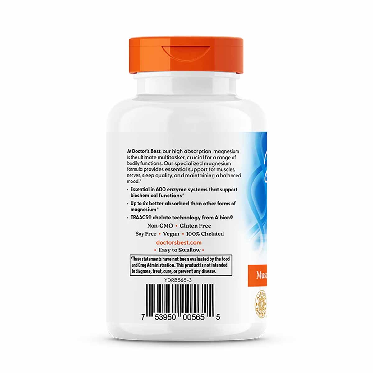 White bottle with orange cap containing magnesium lysinate glycinate supplement by Doctor's Best.