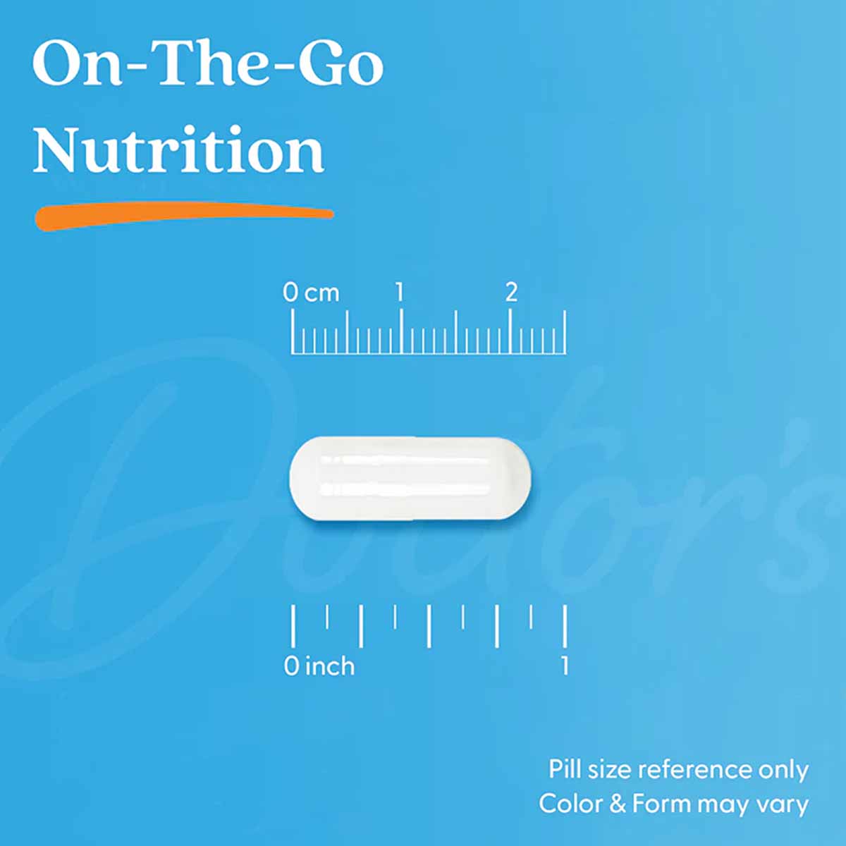 White oval capsule shown with metric and imperial size reference scales on blue background.