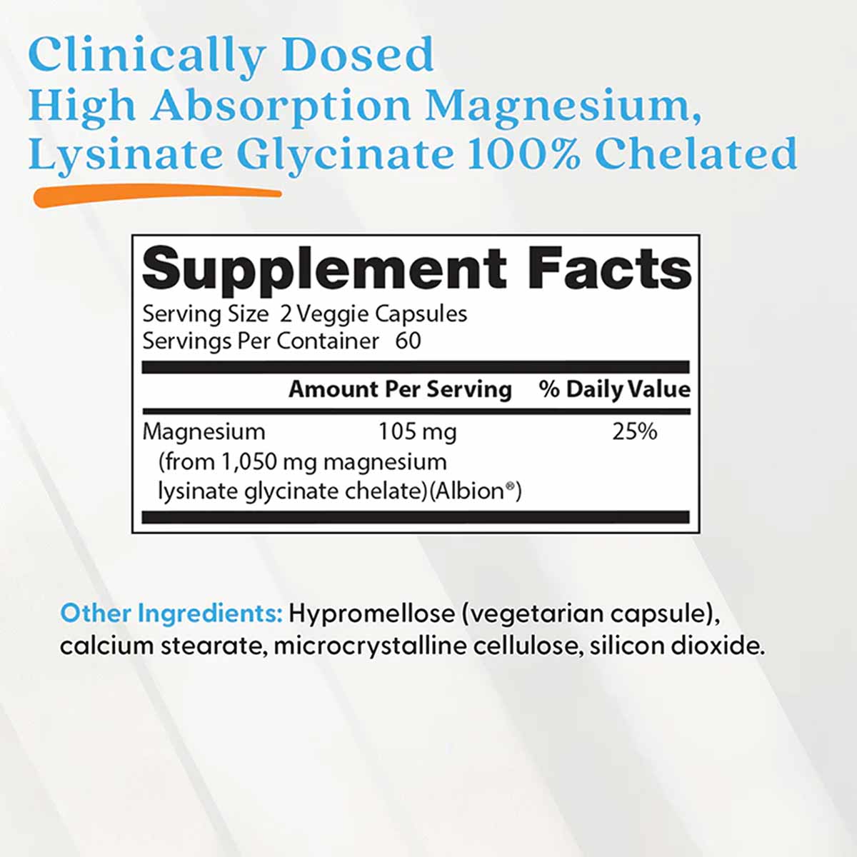 Supplement label showing magnesium lysinate glycinate dosage information and ingredients.
