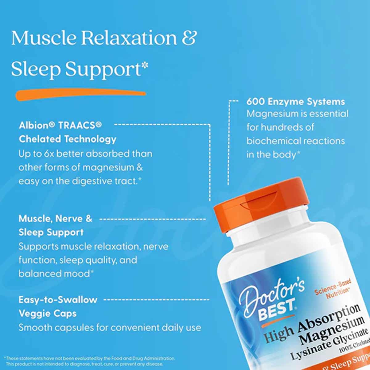 Doctor's Best High Absorption Magnesium Lysinate Glycinate bottle with orange cap on blue background with product information