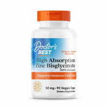 White supplement bottle with orange cap labeled "Doctor's Best High Absorption Zinc Bisglycinate, 50 mg, 90 veggie capsules."