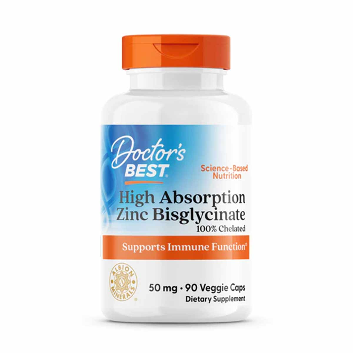 White supplement bottle with orange cap labeled "Doctor's Best High Absorption Zinc Bisglycinate, 50 mg, 90 veggie capsules."