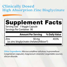 Supplement Facts label for zinc bisglycinate showing 50mg zinc per veggie capsule, 90 servings per container.