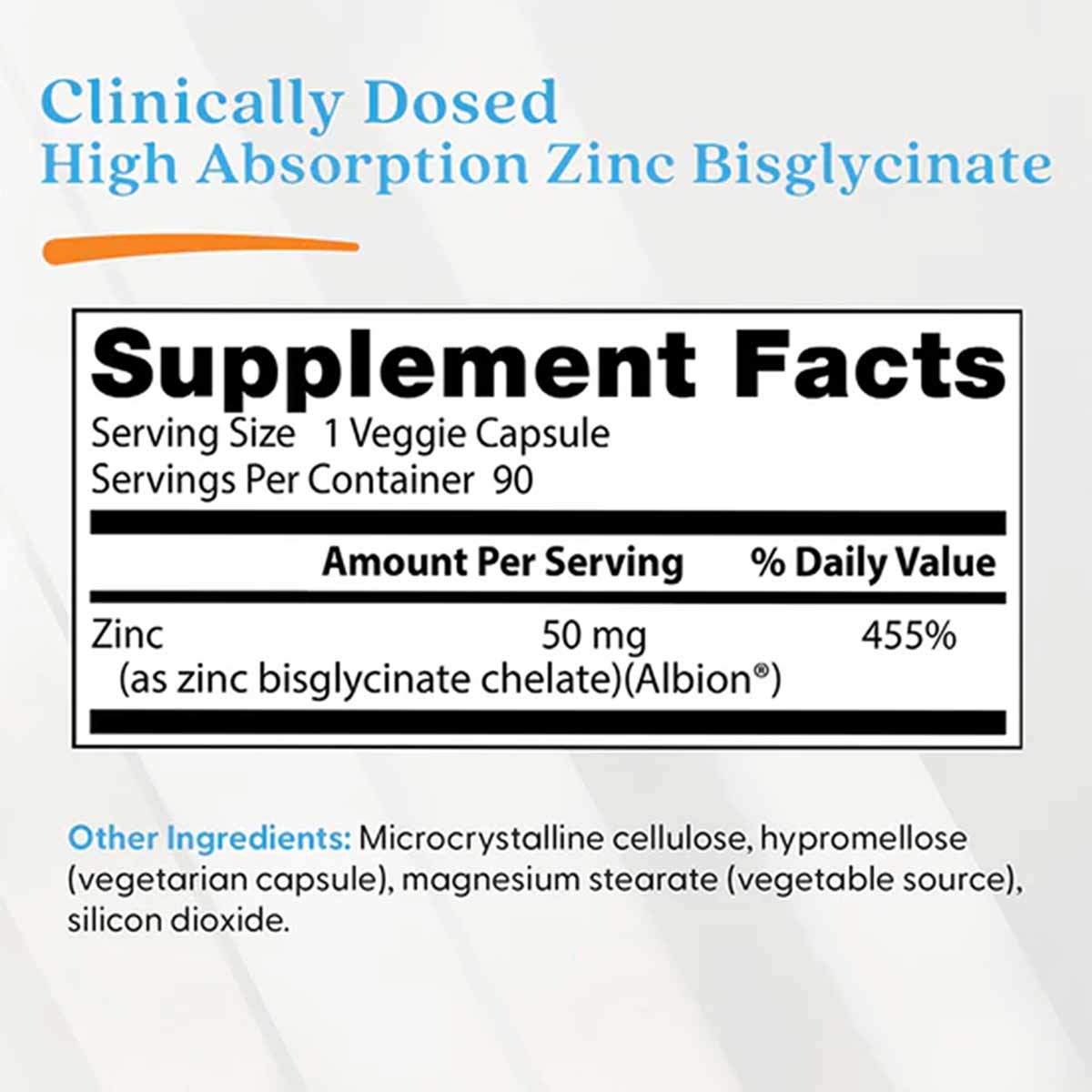 Supplement Facts label for zinc bisglycinate showing 50mg zinc per veggie capsule, 90 servings per container.
