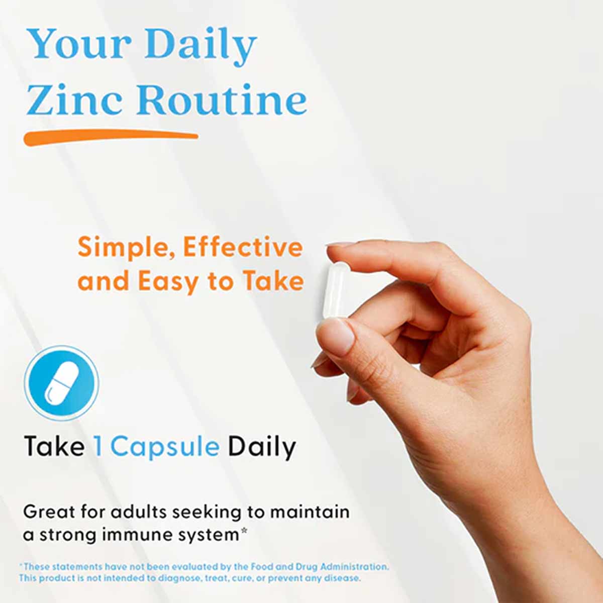 Hand holding white zinc bisglycinate capsule against light background with product information text.