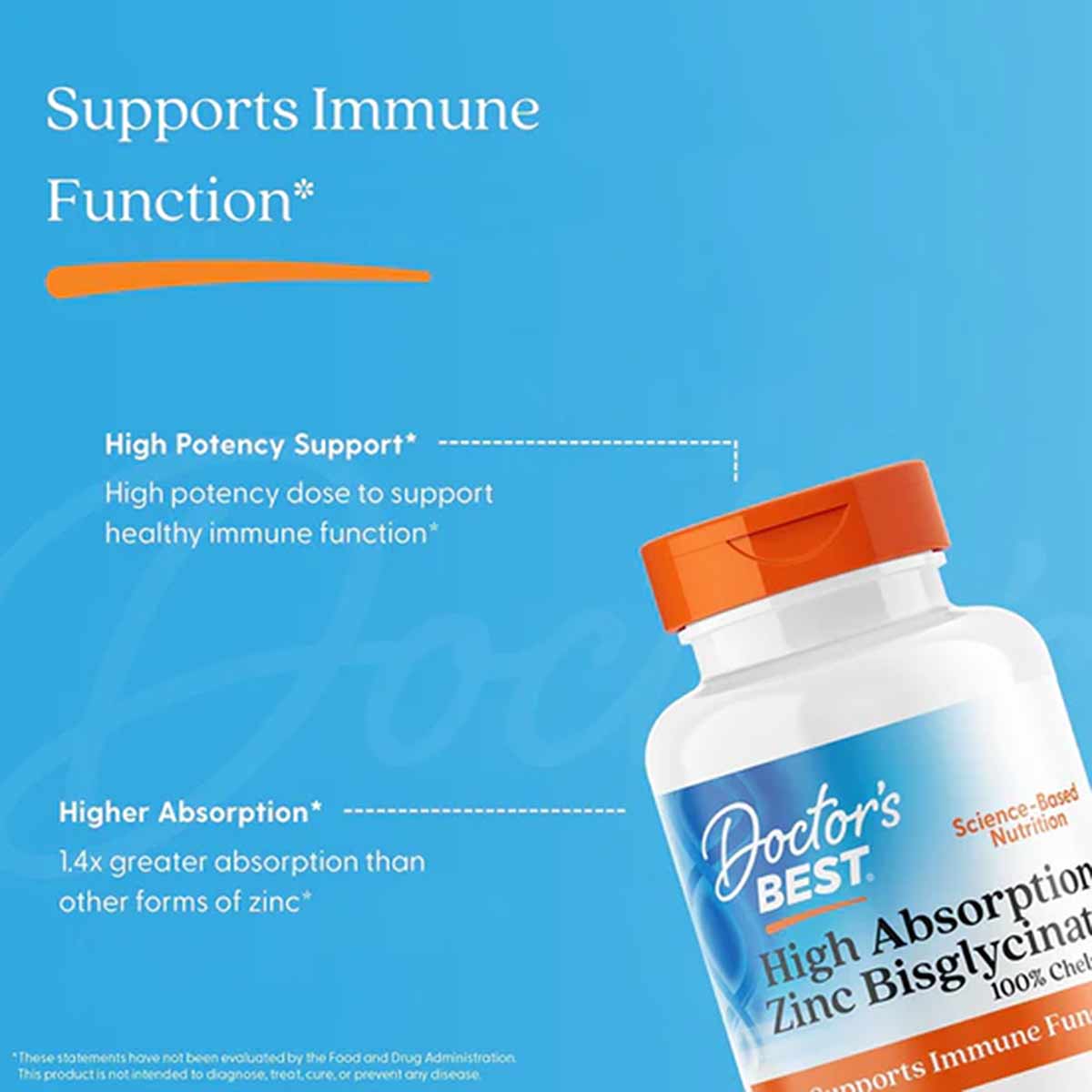 White bottle with orange cap labeled "Doctor's Best High Absorption Zinc Bisglycinate" on blue background with text highlight