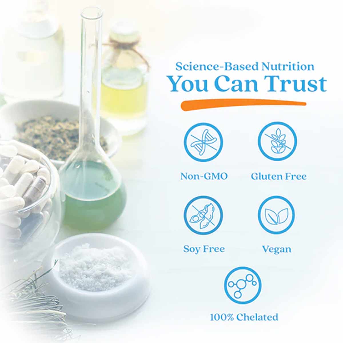 Supplement product packaging featuring laboratory glassware, ingredients, and icons for Non-GMO, Gluten Free, Soy Free, Vegan
