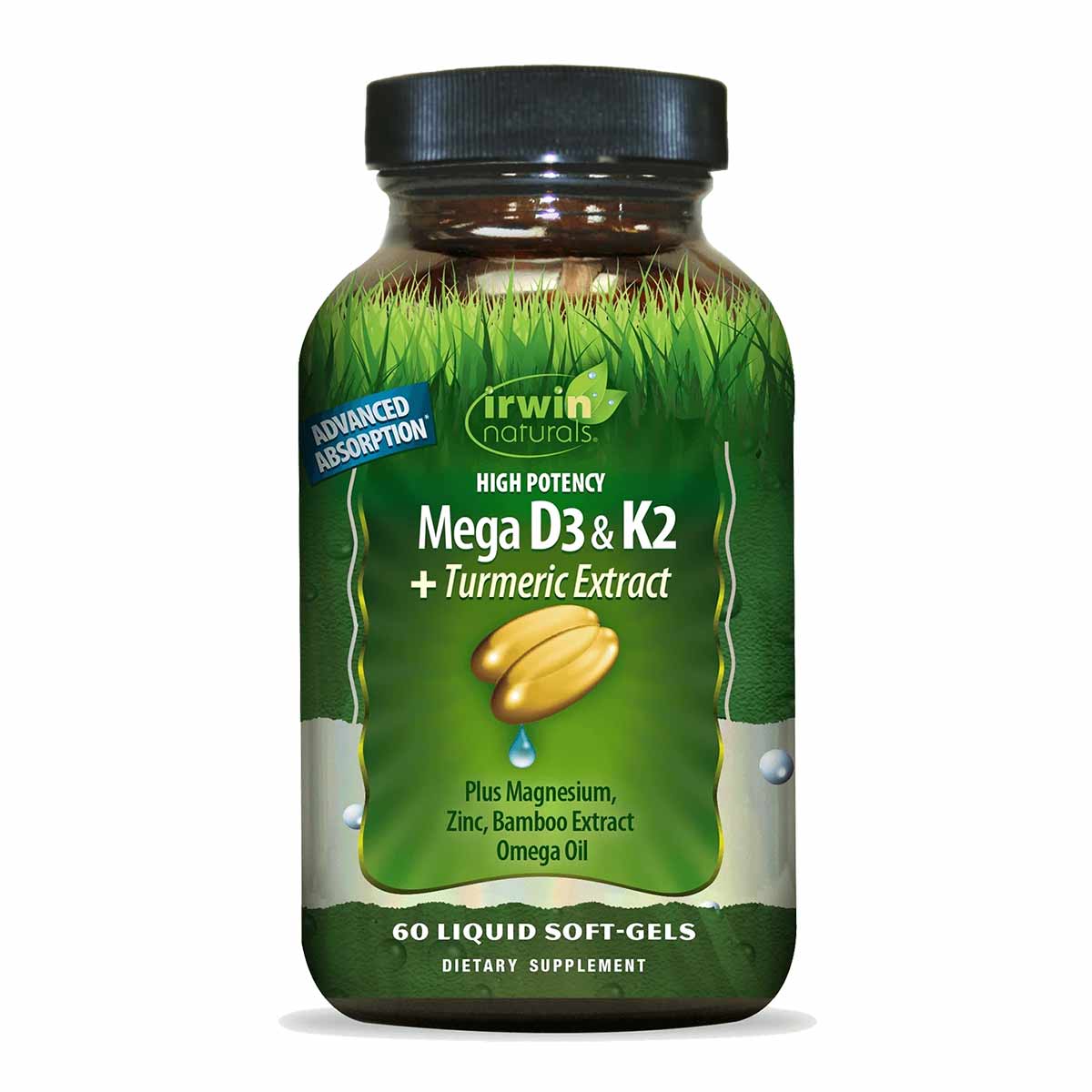 Irwin Naturals Mega D3 & K2 supplement bottle with 60 liquid softgels, green label with black cap.