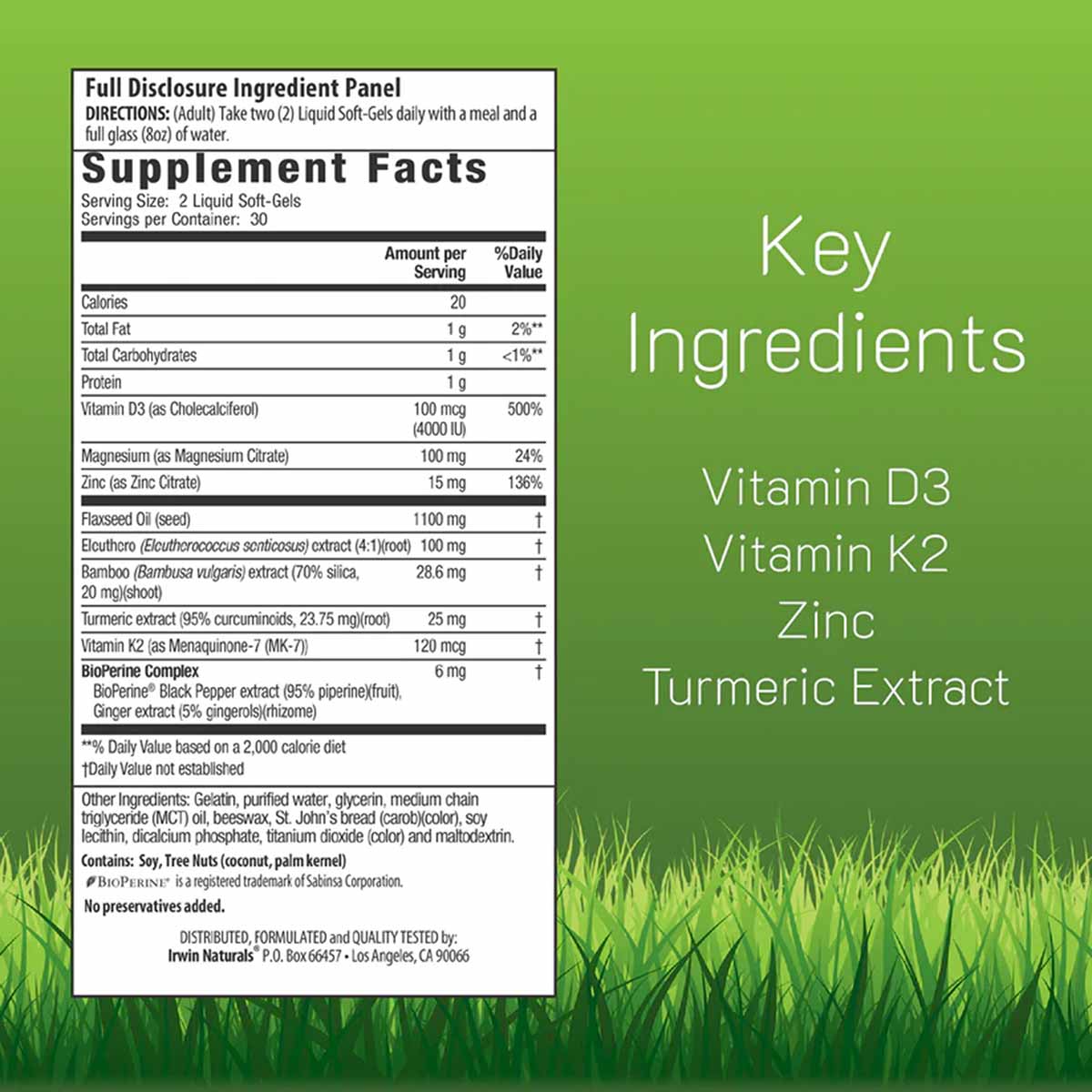 Supplement Facts label showing nutritional information for Irwin Naturals D3 and K2 liquid softgels with key ingredients list