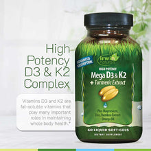 Irwin Naturals High Potency Mega D3 & K2 bottle with 60 liquid softgels, green label with black cap.