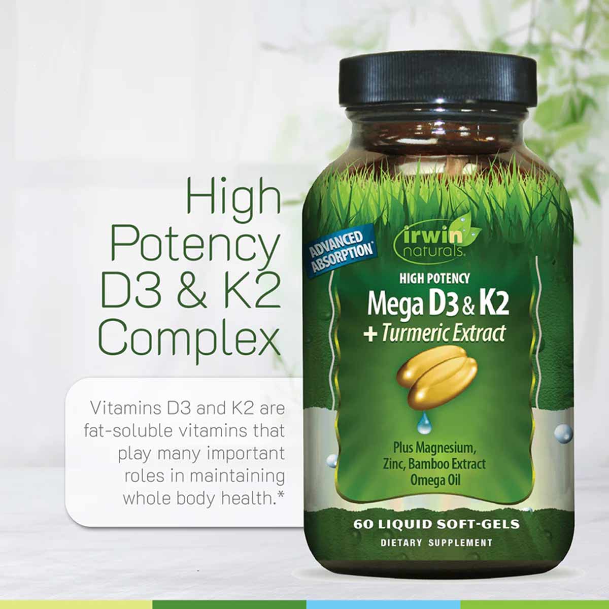 Irwin Naturals High Potency Mega D3 & K2 bottle with 60 liquid softgels, green label with black cap.