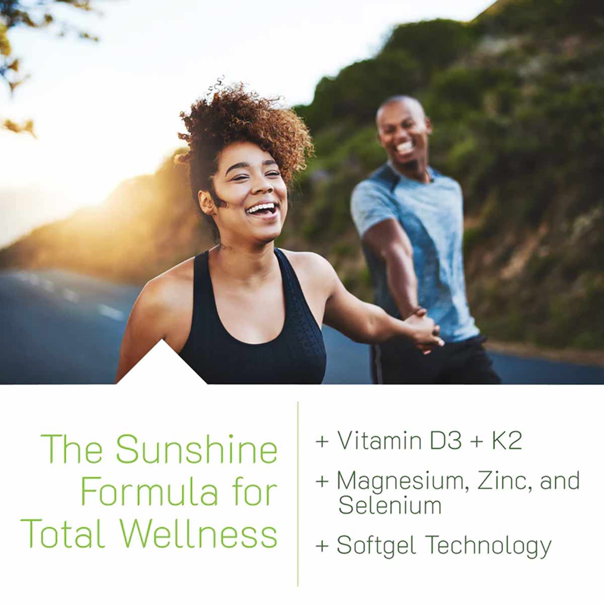 Two people jogging outdoors with text listing vitamin D3, K2, magnesium, zinc, selenium, and softgel technology benefits.