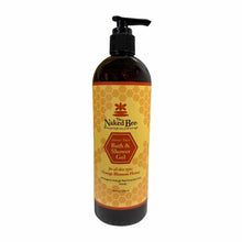 Naked Bee honey-thick bath and shower gel with orange blossom honey in amber bottle with black pump dispenser.