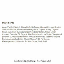 Ingredients list for Honey-Thick Bath & Shower Gel showing purified water, cleansing agents, organic honey, citrus oils, aloe