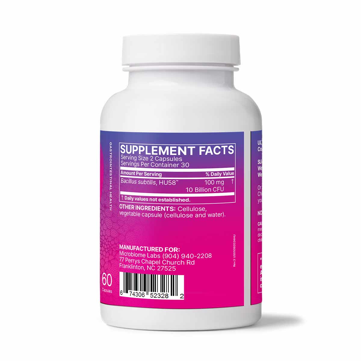 White bottle with magenta label containing 60 capsules of Bacillus subtilis HU58 supplement by Microbiome Labs.