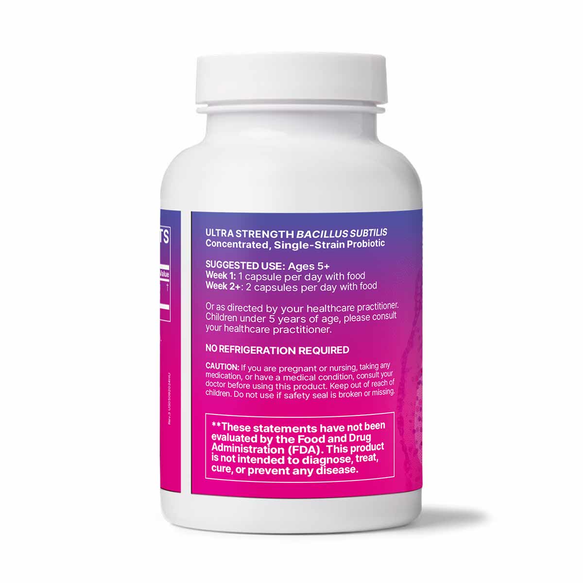 White bottle with purple label containing Bacillus Subtilis probiotic capsules and usage instructions.