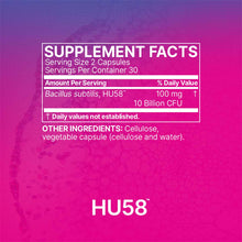 Purple and pink gradient background with white supplement facts label showing HU58 Bacillus subtilis details and product name