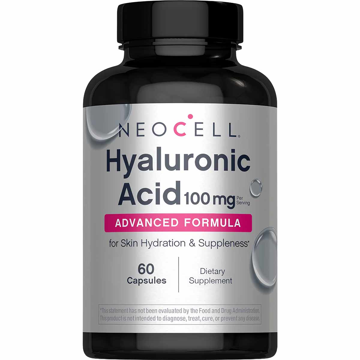 NeoCell Hyaluronic Acid 100 mg supplement bottle with black cap and silver label containing 60 capsules.