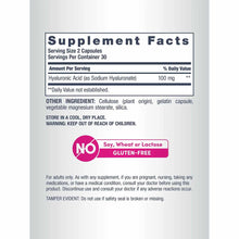NeoCell Hyaluronic Acid 100 mg supplement facts label showing 60 capsules, gluten-free, with ingredients and usage instructio