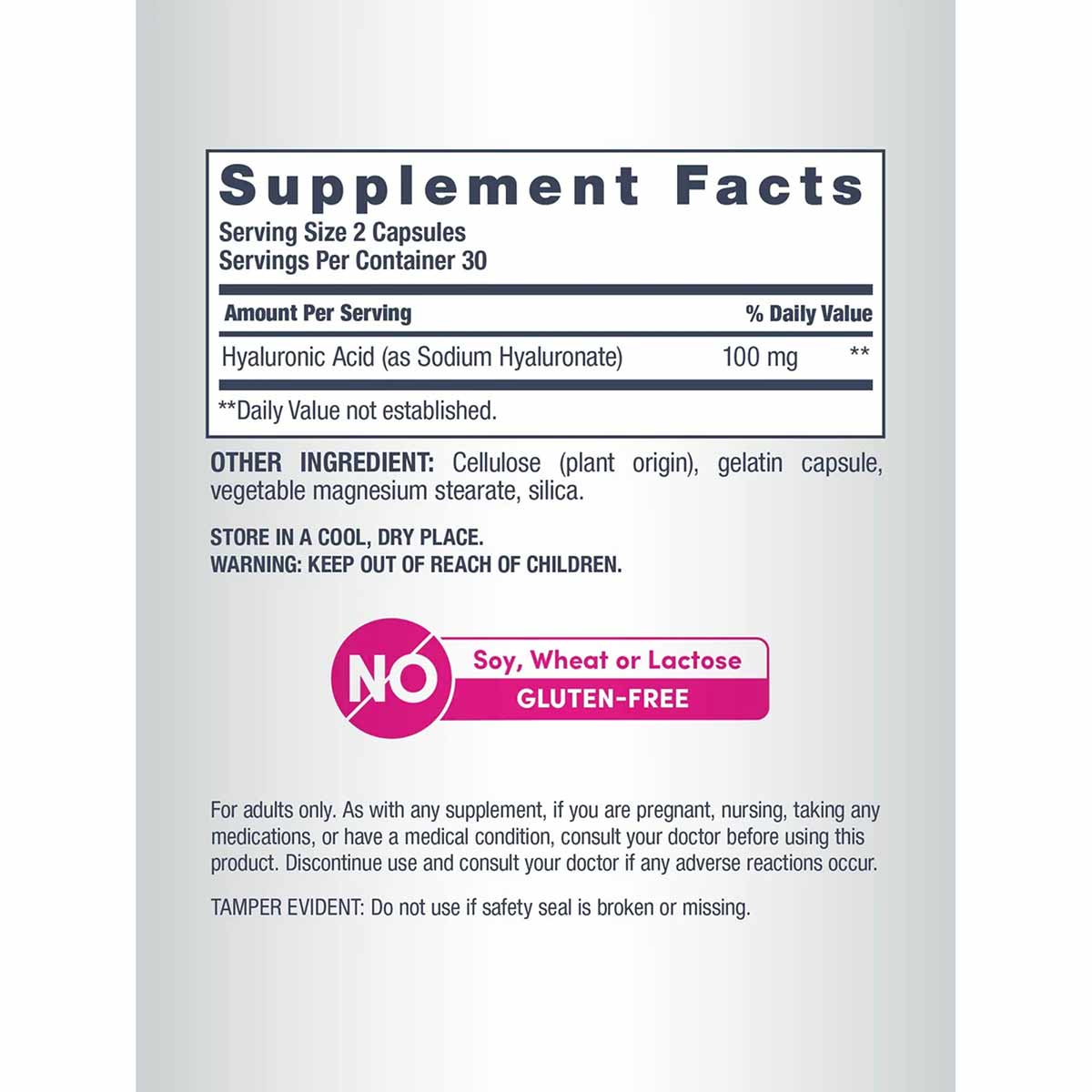 NeoCell Hyaluronic Acid 100 mg supplement facts label showing 60 capsules, gluten-free, with ingredients and usage instructio
