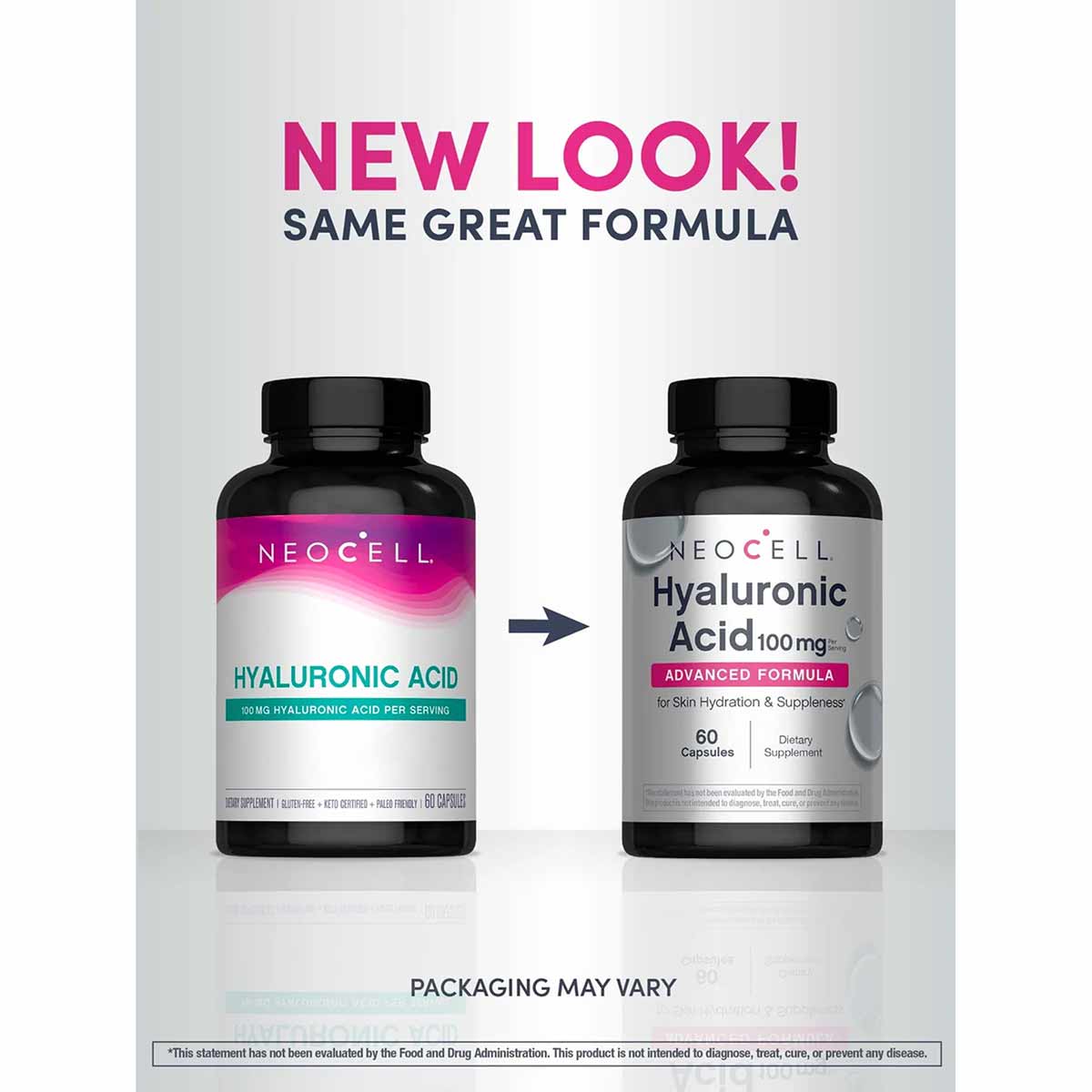NeoCell Hyaluronic Acid 100 mg bottle with black cap showing product label and "Advanced Formula" text, displayed next to pre