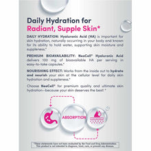NeoCell Hyaluronic Acid 100 mg supplement bottle packaging with information about daily hydration and skin benefits.