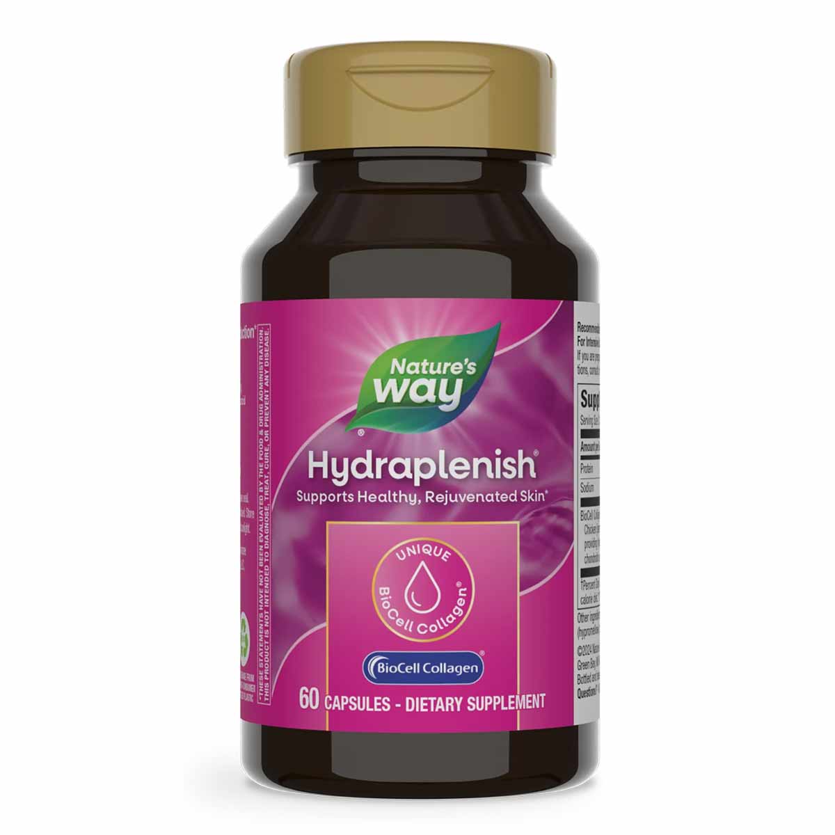 Hydraplenish dietary supplement bottle with gold cap containing 60 capsules, labeled with BioCell Collagen ingredient on pink