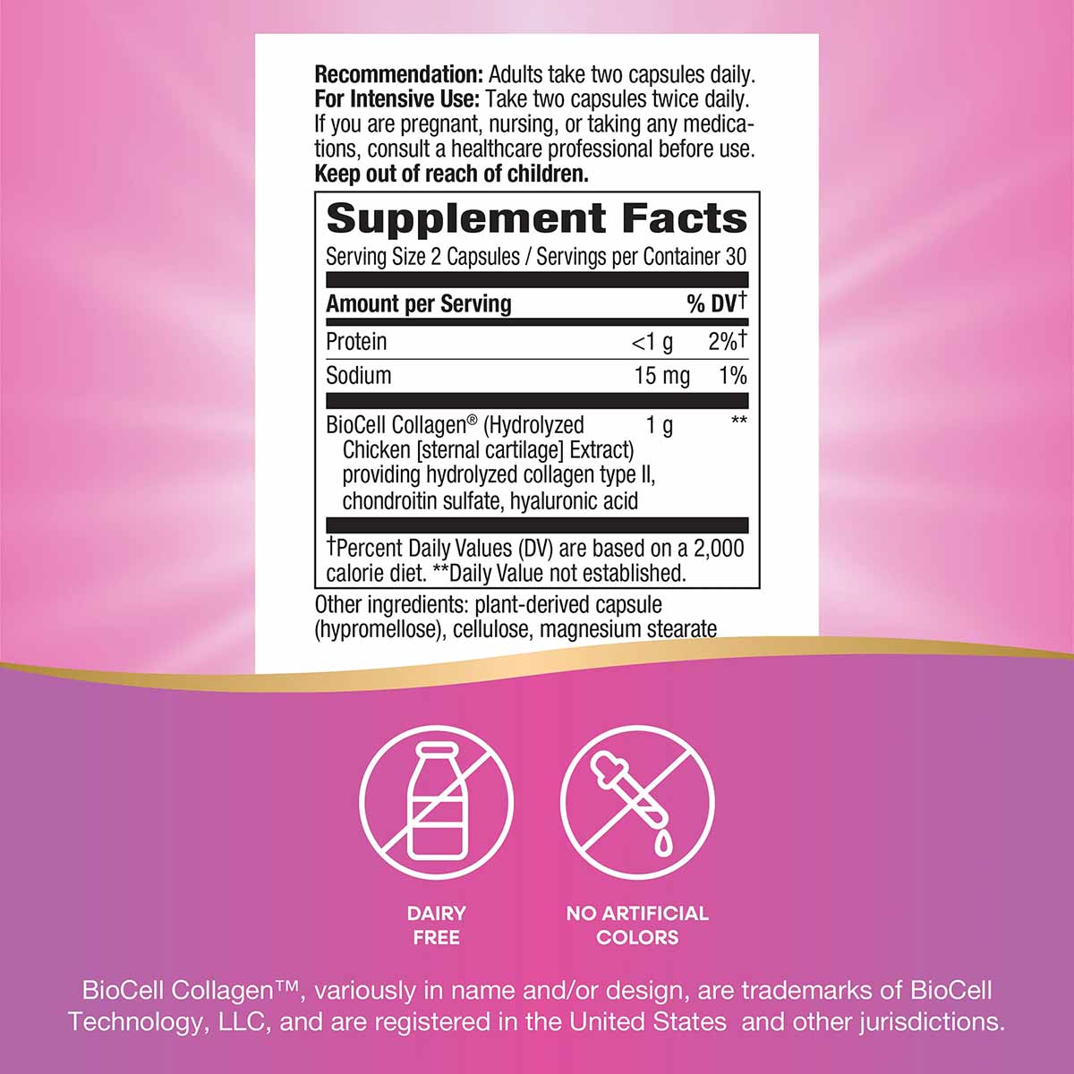 Supplement facts label for Hydraplenish capsules on pink background with dairy-free and no artificial colors icons.