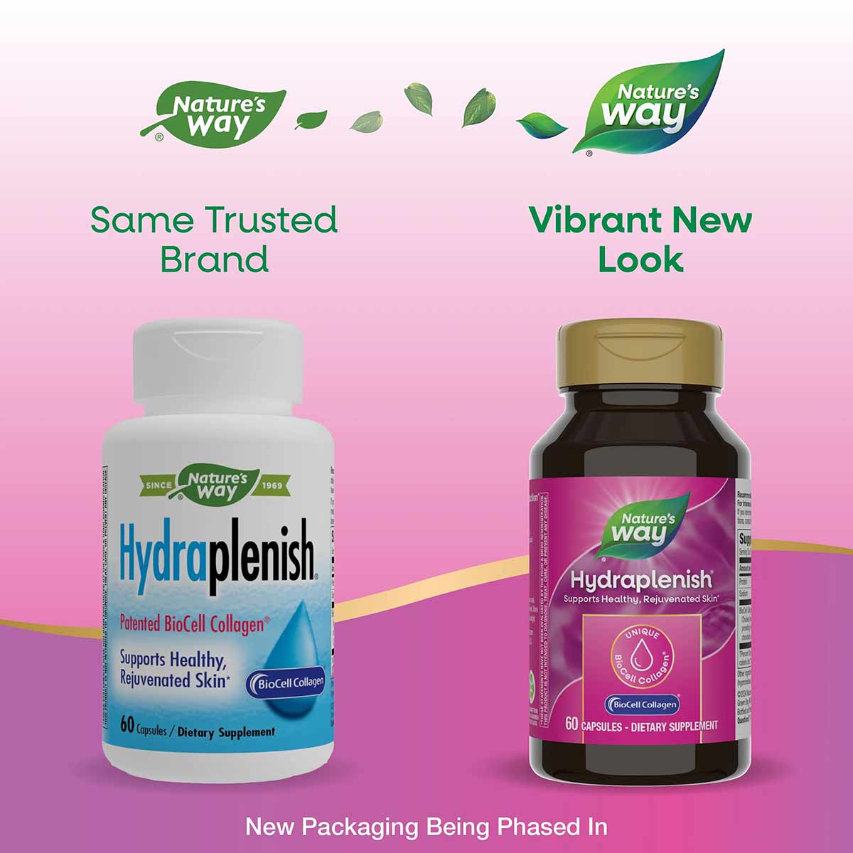 Two Nature's Way Hydraplenish bottles side by side showing old white packaging and new dark gold packaging with BioCell Colla