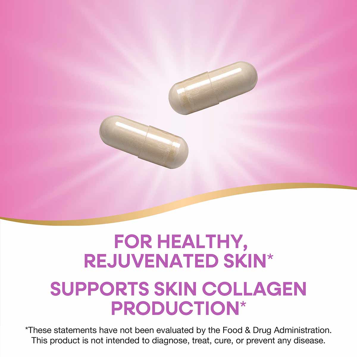 Two beige capsules on pink background with gold curved line and white text area below.