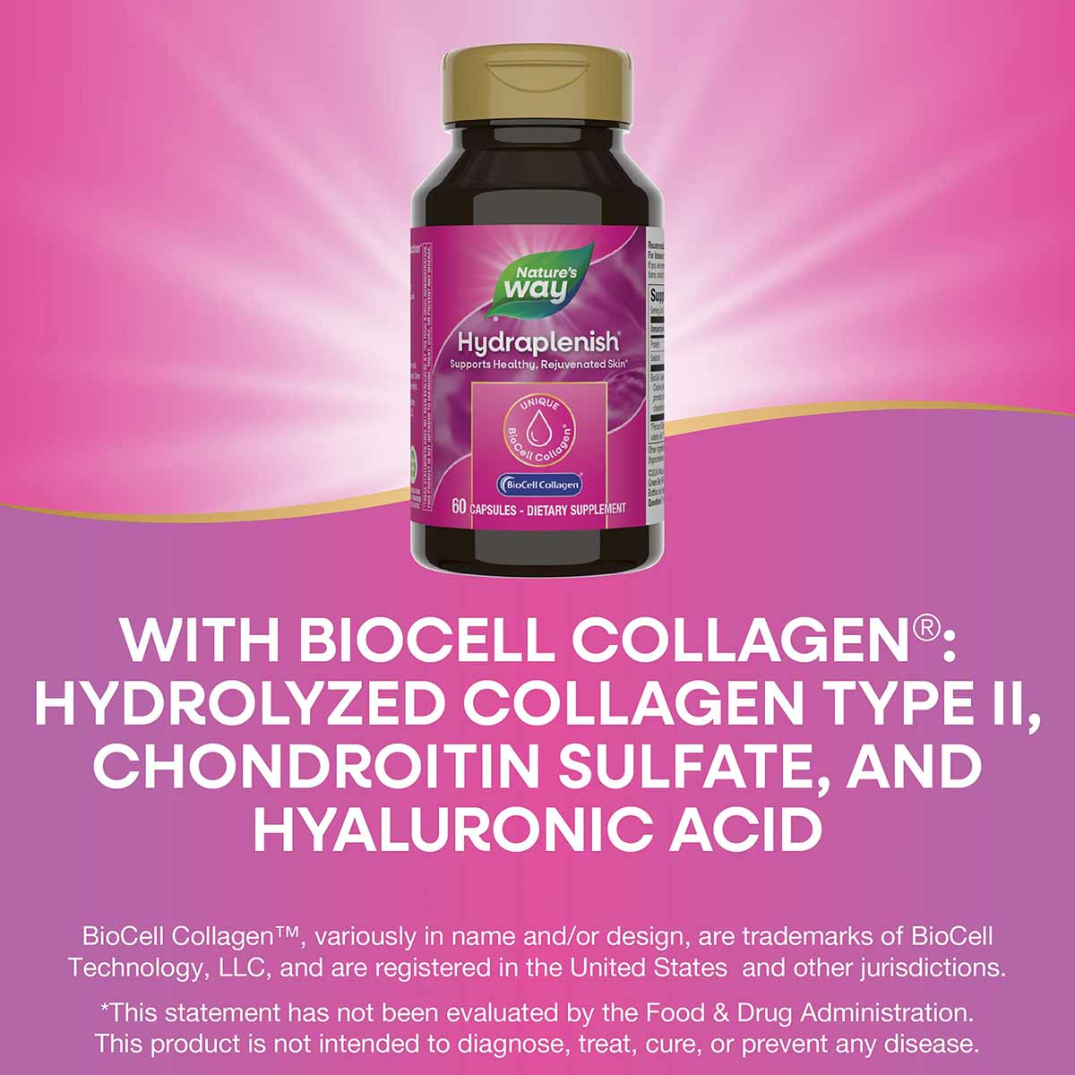 Nature's Way Hydraplenish dietary supplement bottle with tan cap containing 60 capsules on pink background.