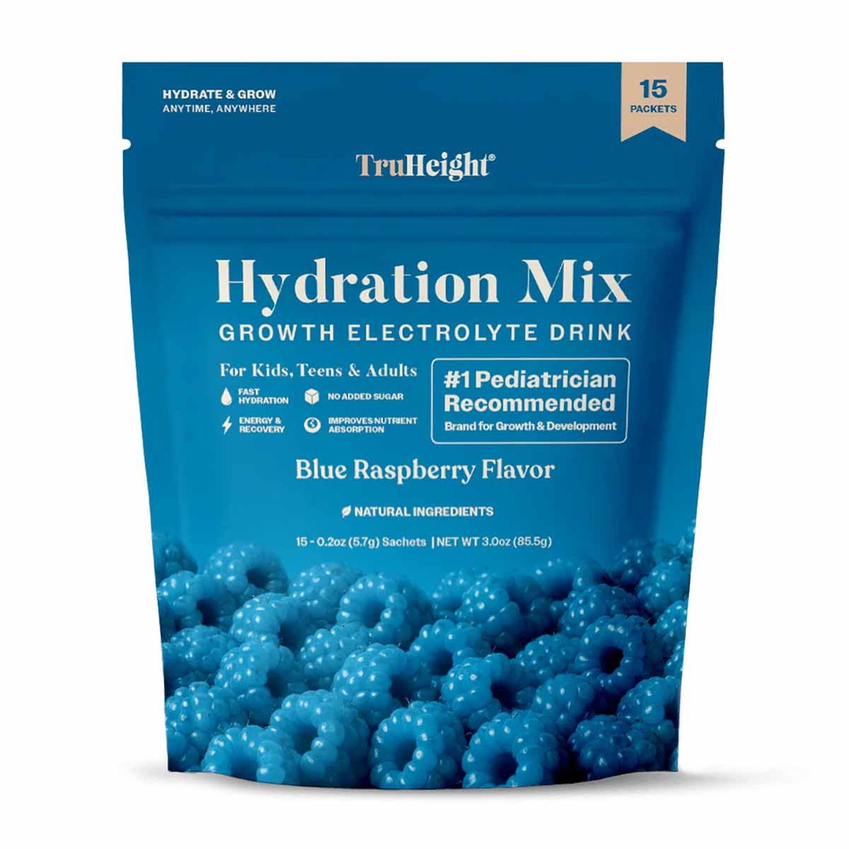 TruHeight Hydration Mix blue pouch containing 15 sachets of blue raspberry flavored electrolyte drink mix.