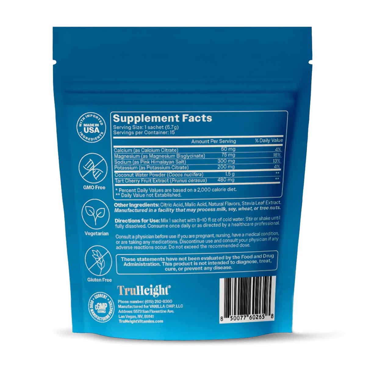 Blue TruHeight Hydration Mix pouch displaying supplement facts, ingredients, and certification badges on back label.