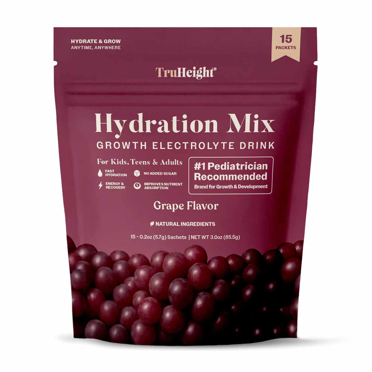 TruHeight Hydration Mix in grape flavor, 15 packet pouch with natural ingredients for growth and electrolyte replenishment.