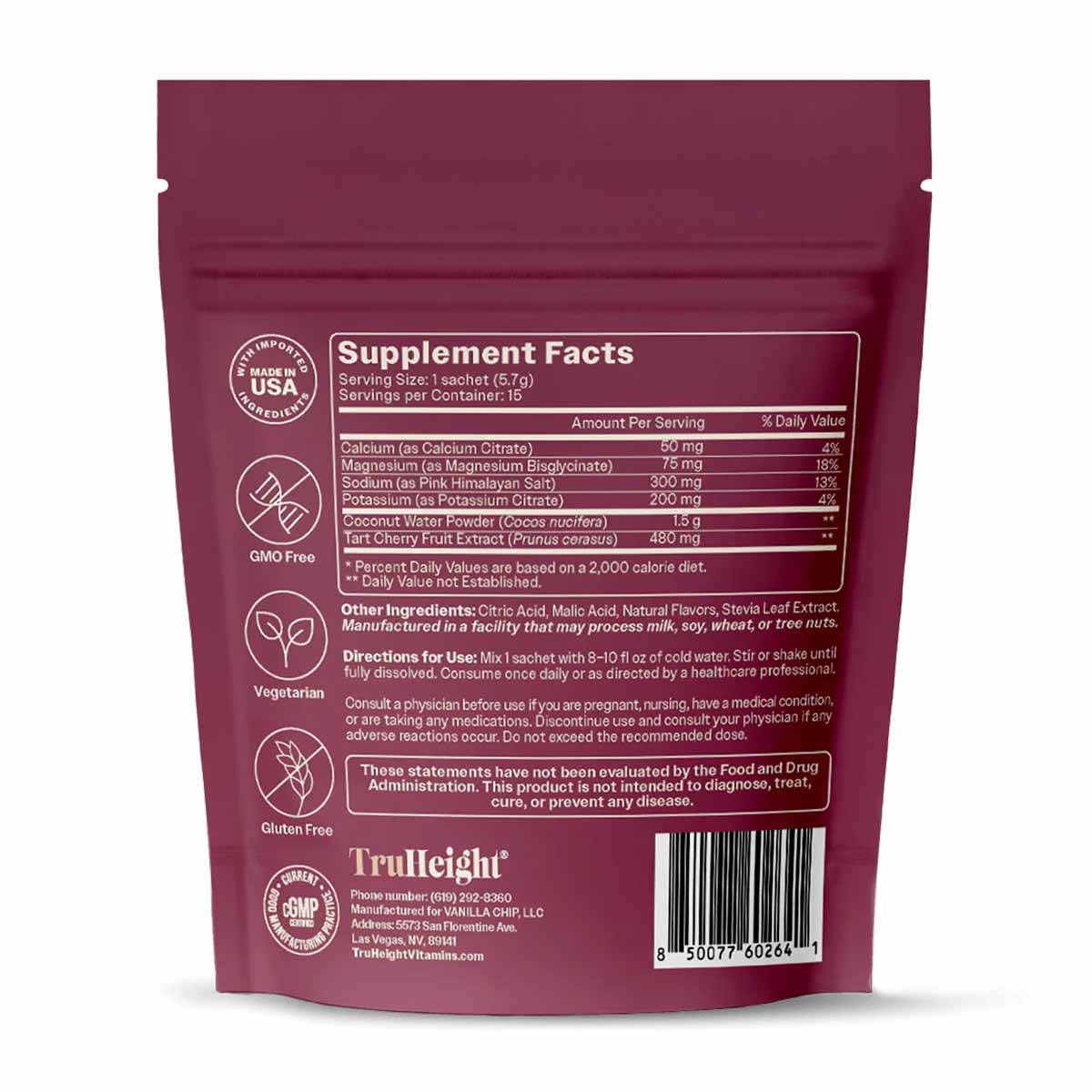 Burgundy pouch of TruHeight Hydration Mix with supplement facts label, ingredients, and directions printed on back.