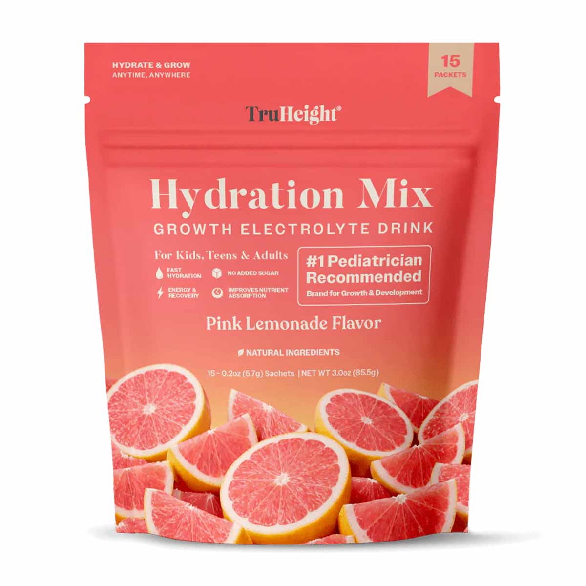 TruHeight Hydration Mix electrolyte drink powder in pink lemonade flavor, 15-packet pouch.