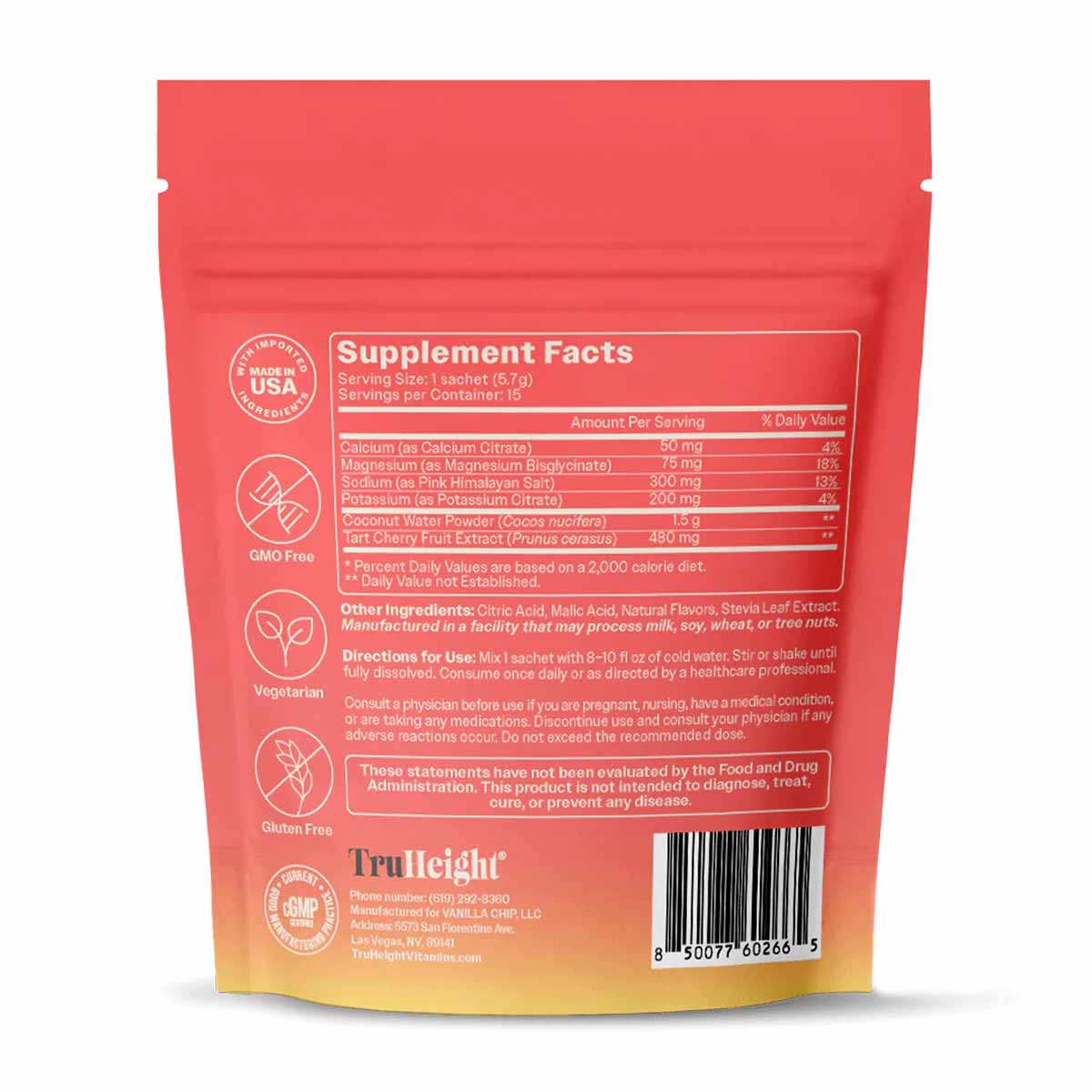 Red and yellow TruHeight Hydration Mix packet with supplement facts label and usage instructions visible on front.