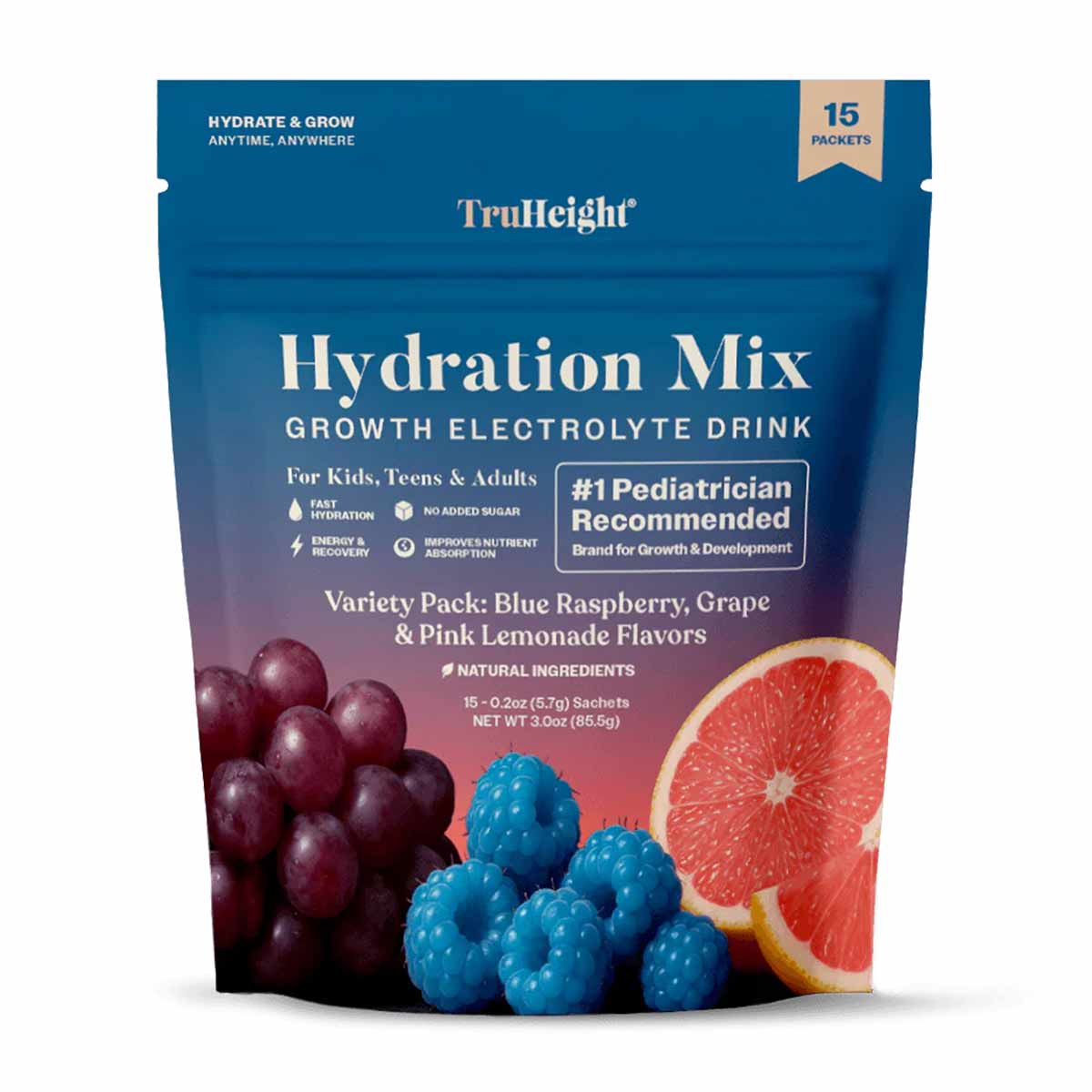 TruHeight Hydration Mix pouch with 15 packets, featuring blue raspberries and grapefruit on gradient blue-to-pink background.