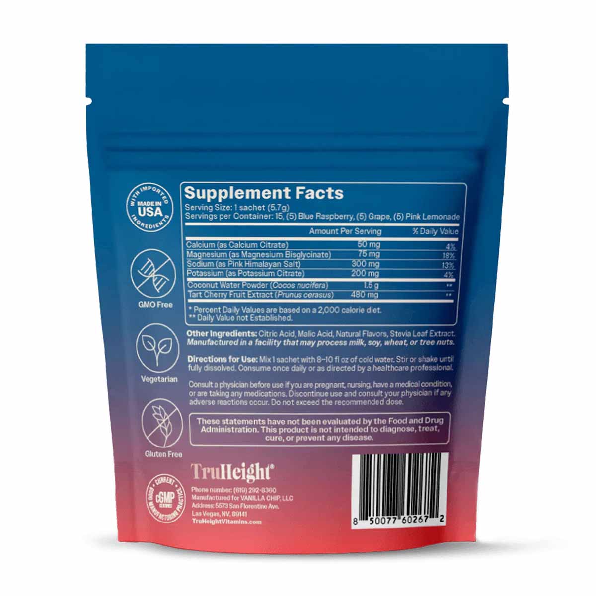 Blue and pink pouch of TruHeight Hydration Mix with supplement facts label and ingredient information visible on back.