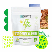 Zhou Nutrition Hydro-Fuel Gummies pouch with lemon-lime flavor, 60 gummies, surrounded by cactus and fruit imagery.